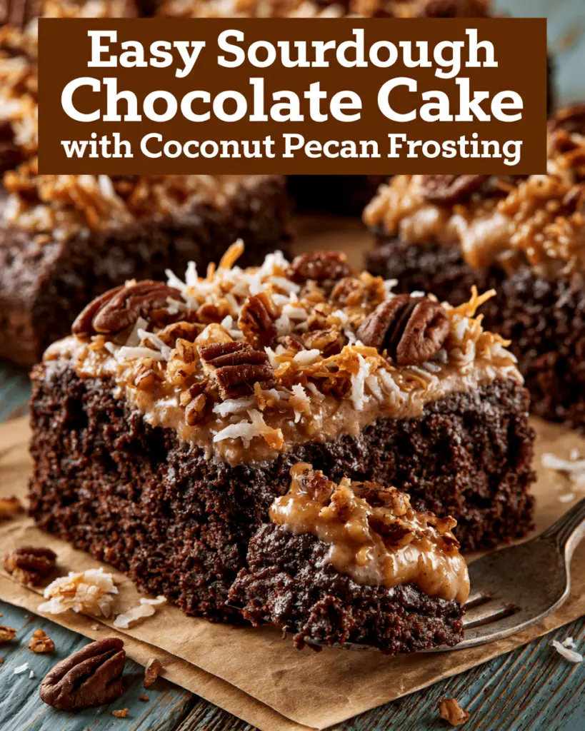 Easy Sourdough Discard Chocolate Cake 4 Fudgy chocolate cake with Coconut Pecan Frosting
