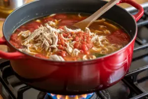 chicken broth filled with shredded chicken, crushed tomatoes