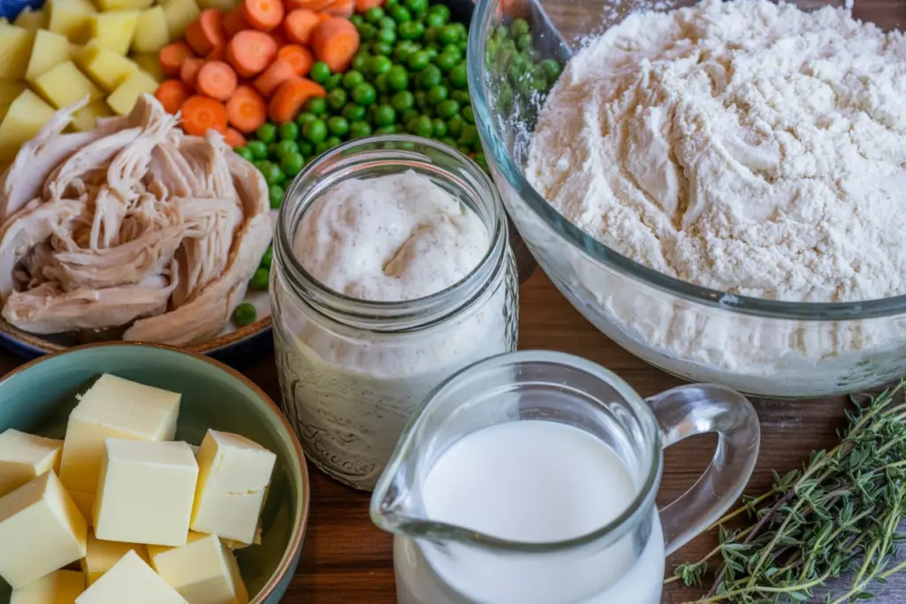 ingredients for sourdough chicken pot pie including chicken vegetables and sourdough discard
