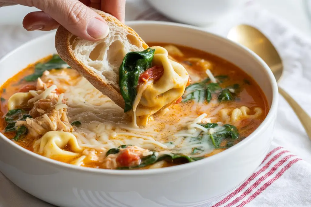 serving creamy chicken tortellini soup at dinner table