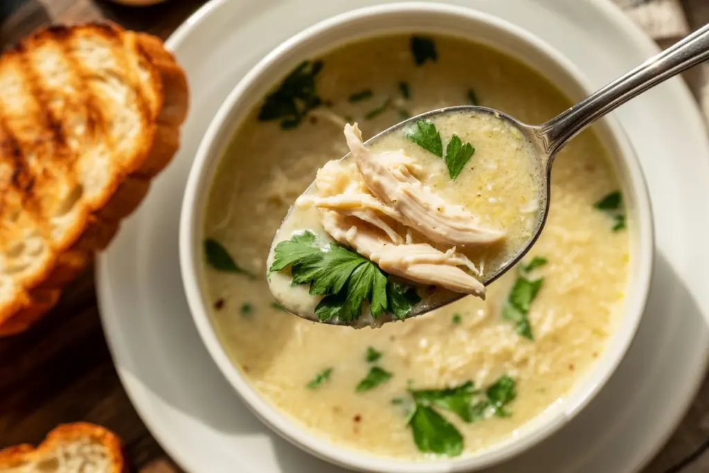 Easy Garlic Parmesan Chicken Soup 5 Serving garlic parmesan chicken soup with toasted bread