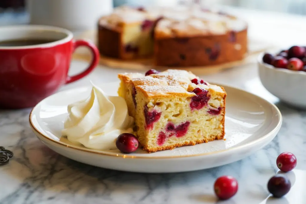 Slice of sourdough cranberry cake served with coffee