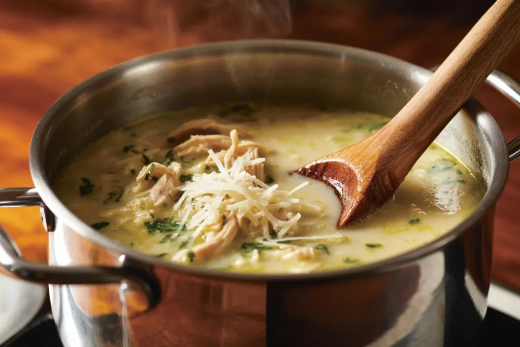 Easy Garlic Parmesan Chicken Soup 4 garlic parmesan chicken soup in stainless steel pot