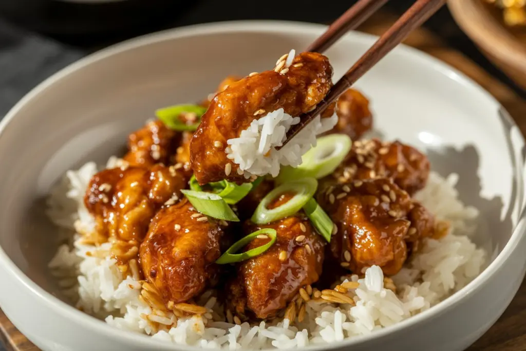 crispy orange chicken bites served over rice