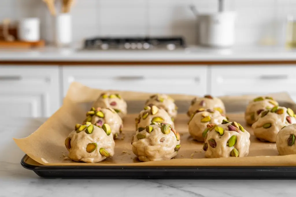 Sourdough Honey Pistachio Cookies 6 Unbaked sourdough honey pistachio cookies on baking tray