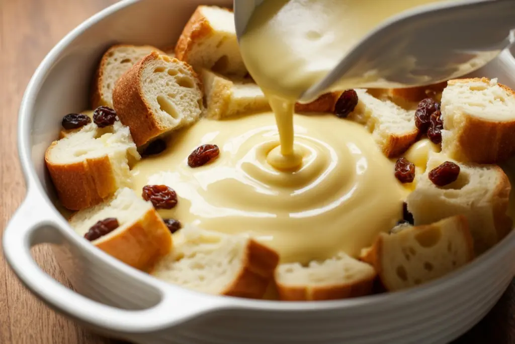 pouring custard over sourdough bread cubes