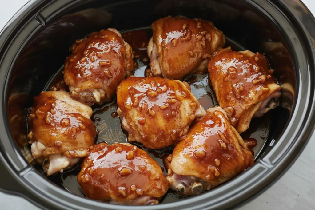 honey garlic slow cooker chicken thighs cooking in crockpot