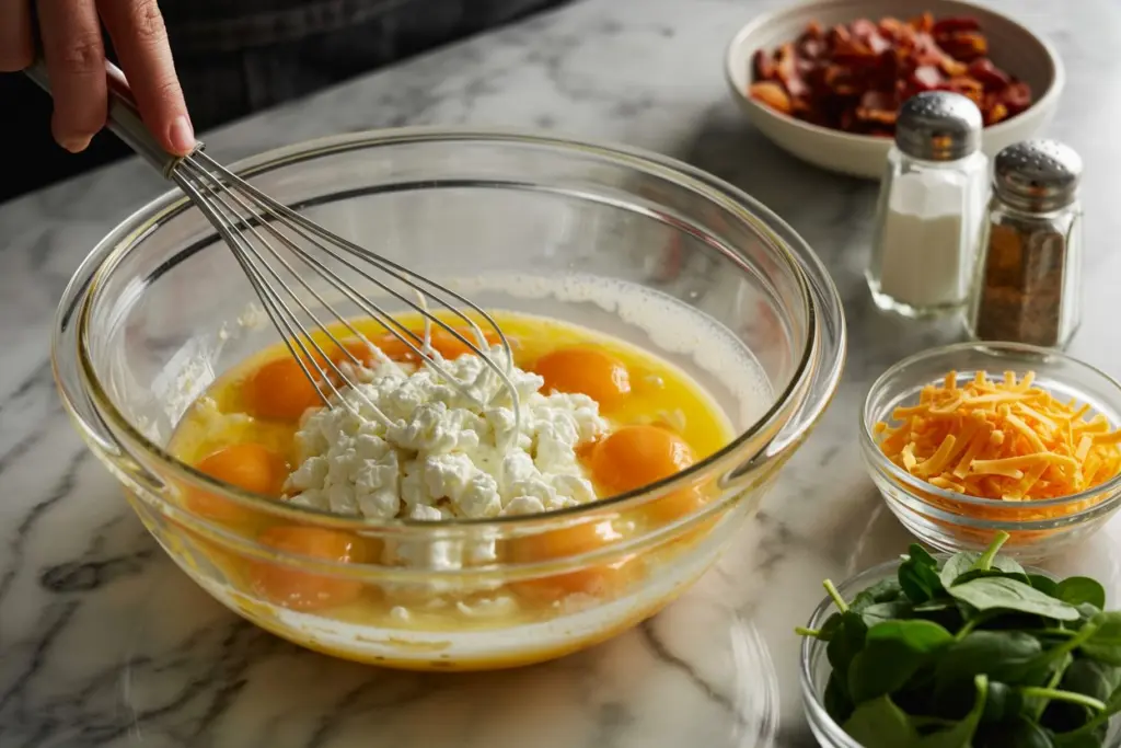 Breakfast Cottage Cheese Egg Muffins 3 mixing eggs and cottage cheese for egg muffins