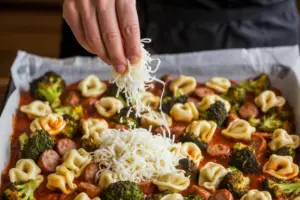 Sprinkle cheese into a roasting broccoli tortellini bake