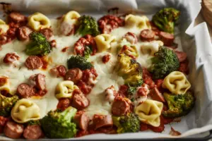 Broccoli Tortellini Bake topped with melted and bubbly cheese