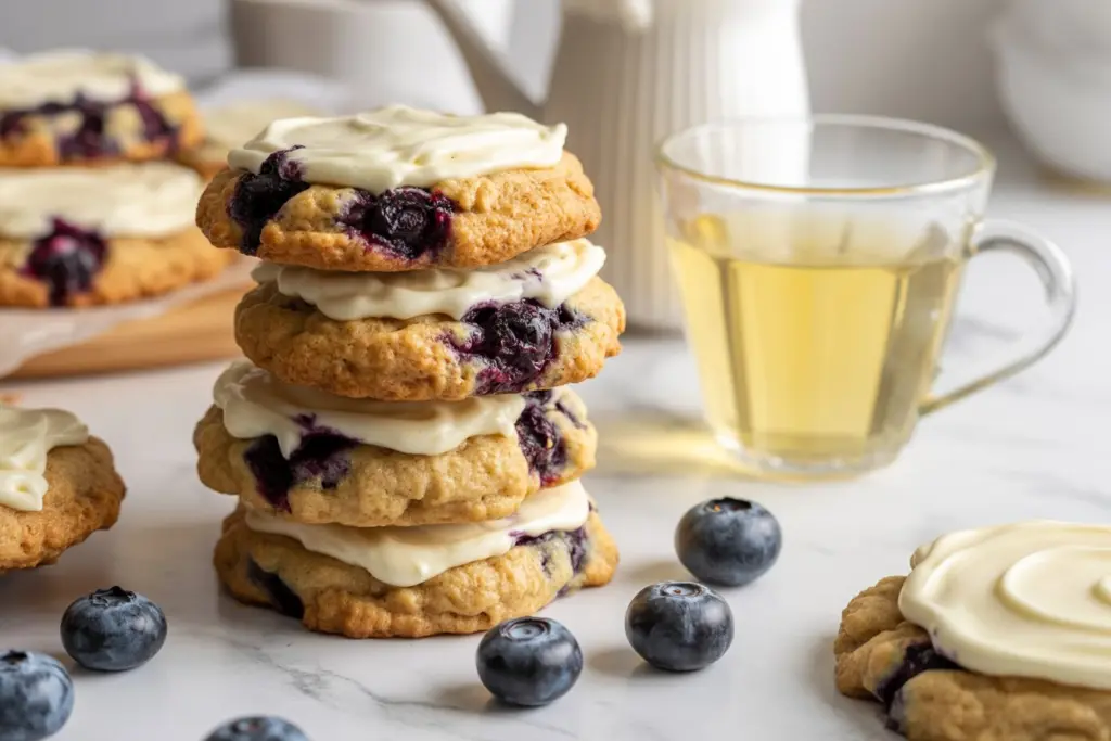 serving blueberry sourdough cookies with frosting
