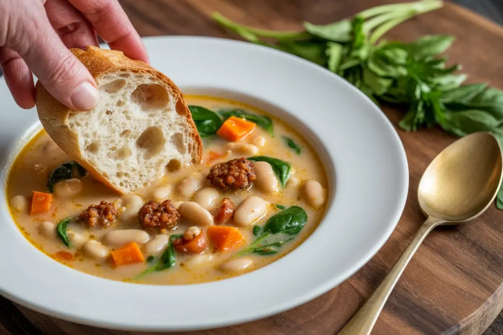 Served tuscan white bean soup with bread and parmesan