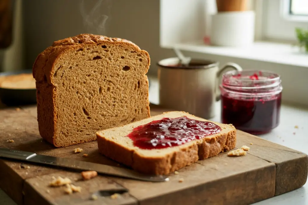 Sliced sourdough discard peanut butter bread showing moist crumb