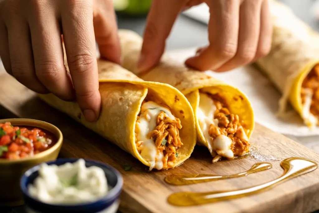 Rolling chicken taquitos before baking