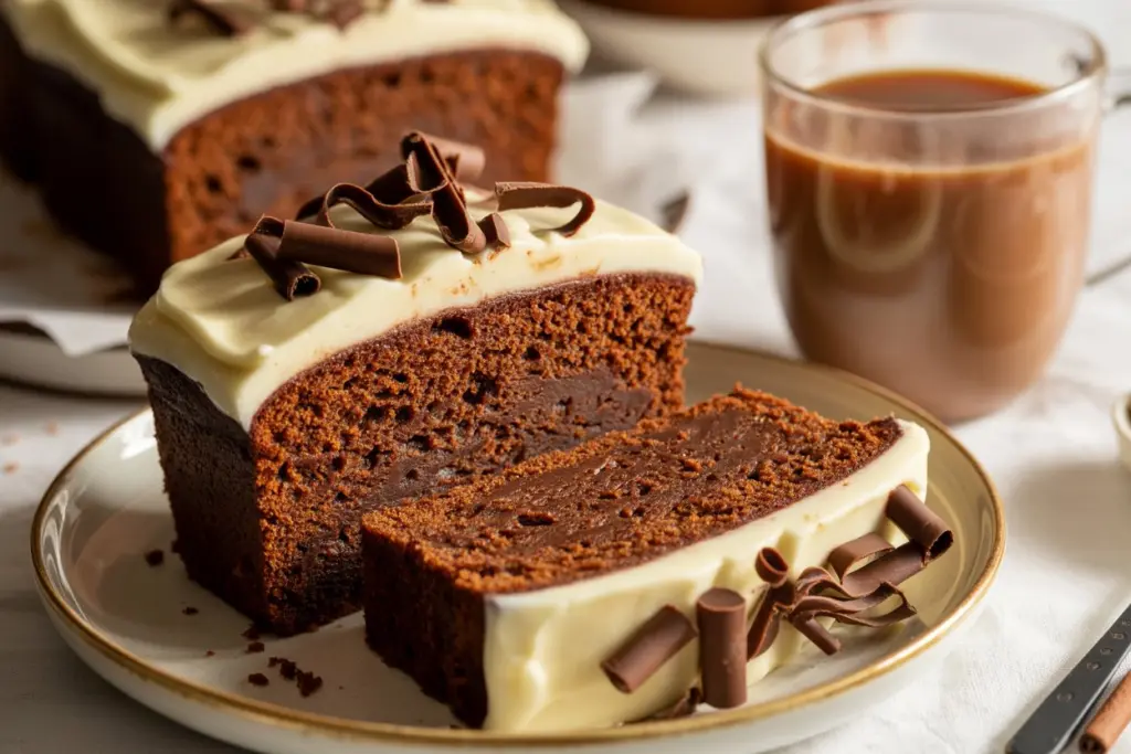 Slice of Sourdough Chai Chocolate Loaf Cake served with chai tea