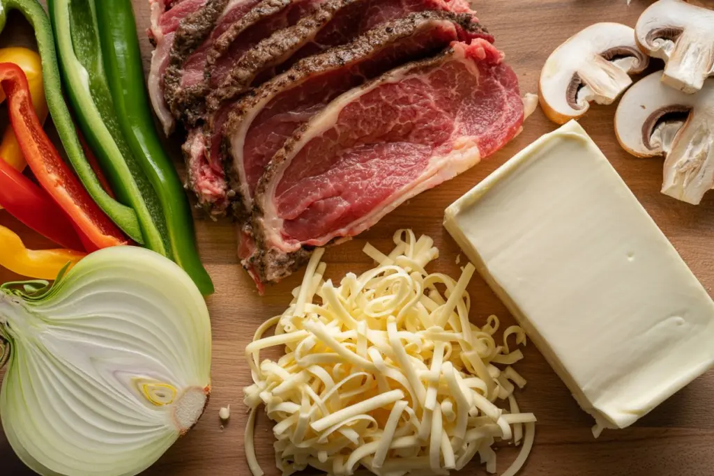 ingredients for philly cheesesteak casserole with beef and peppers