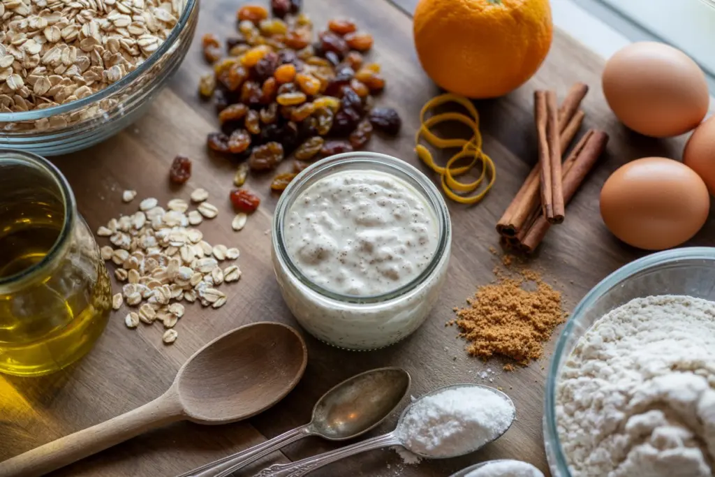 Ingredients for sourdough oatmeal raisin muffins