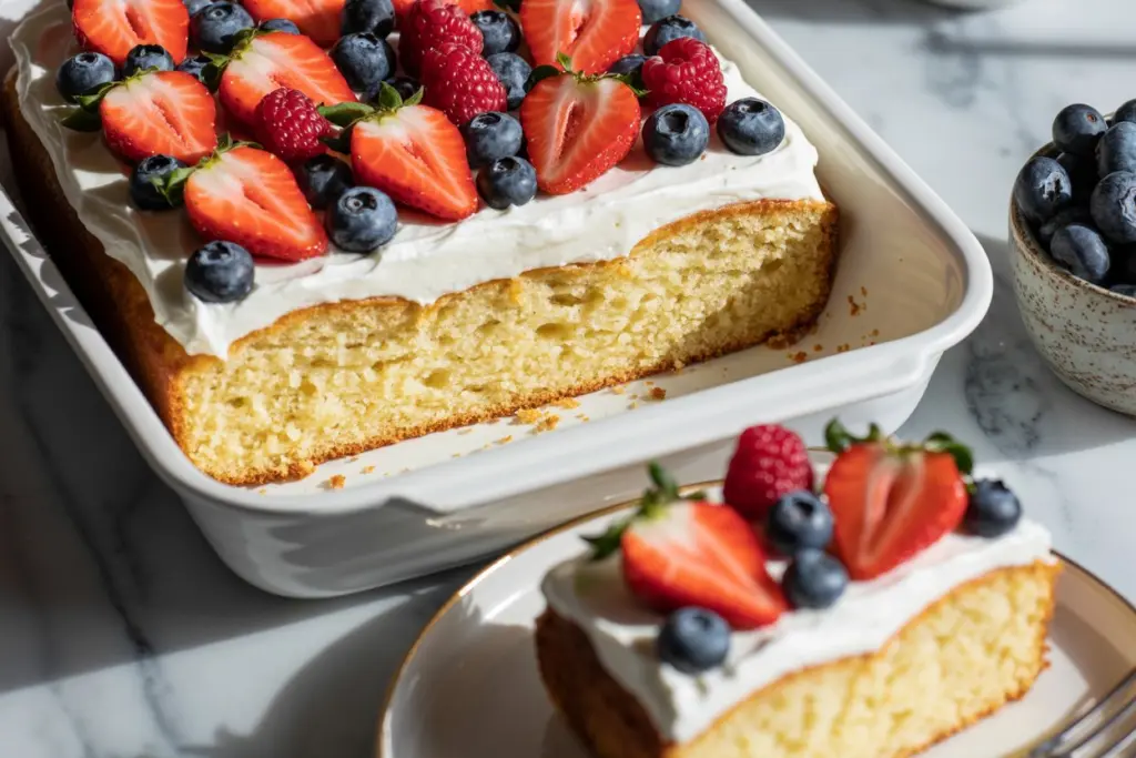 Sourdough Vanilla Sheet Cake topped with fresh berries