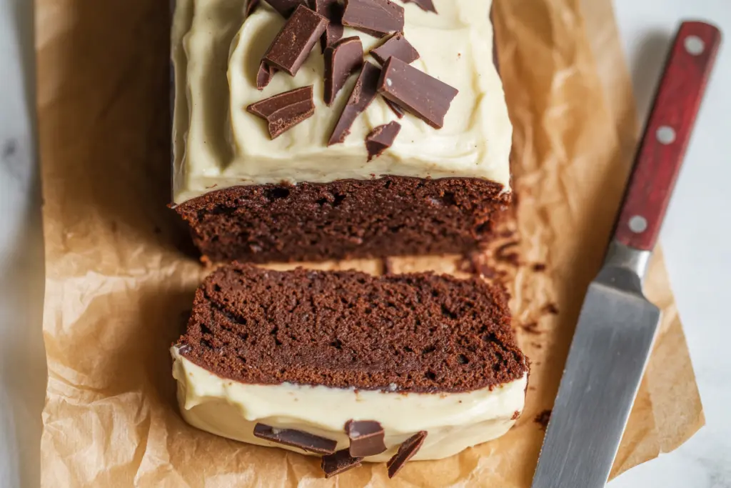 Sourdough Chai Chocolate Loaf Cake with chai frosting and chocolate shavings