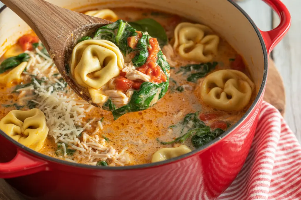 Creamy chicken tortellini soup pot