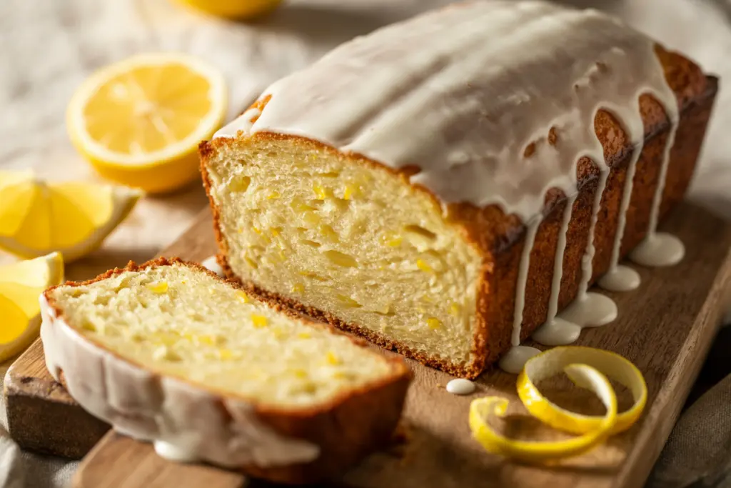 sourdough discard lemon loaf with glossy lemon glaze sliced on wooden board