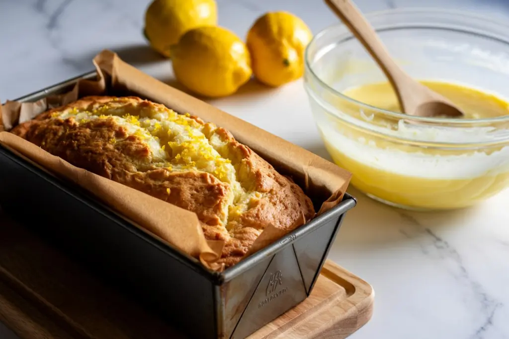 Easy Sourdough Discard Lemon Loaf 3 pouring lemon glaze over sourdough discard lemon loaf