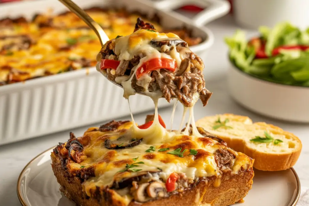 slice of philly cheesesteak casserole served on plate