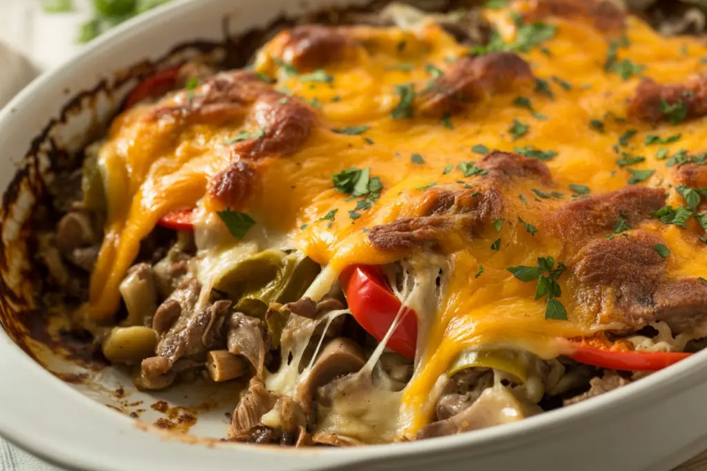 philly cheesesteak casserole baking in baking dish with melted cheese