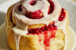 Drizzle cream cheese icing over raspberry cinnamon roll
