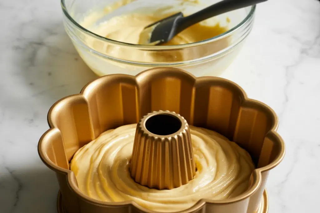 baking sourdough discard pound cake in bundt pan