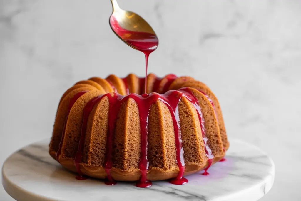 sourdough discard pound cake with raspberry glaze 