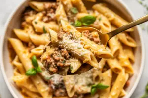 serving cheesy beef pasta