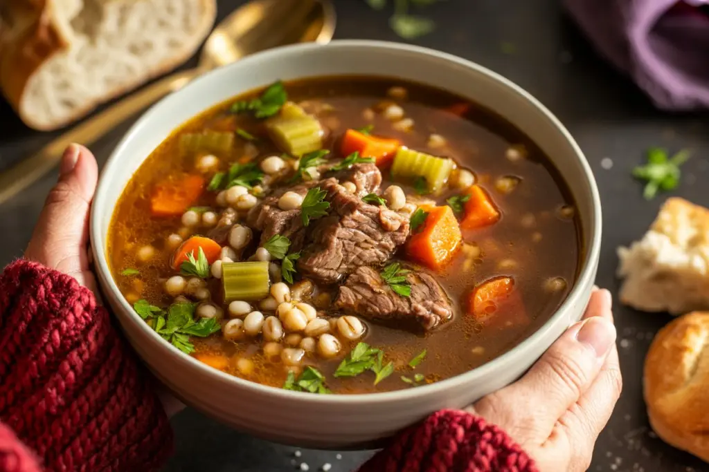 Beef Barley Soup (Crockpot or stovetop) 6 serving beef barley soup with crusty bread