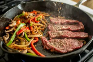Seasoning a thinly sliced ribeye steak