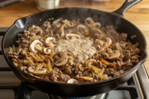 Creamy Mushroom Ground Beef Bake 7 creamy thick sauce with browned ground beef and tender and most sliced mushrooms golden chopped onion mixture