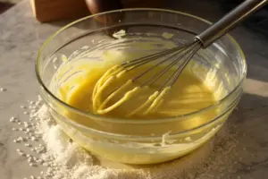 Easy Sourdough Vanilla Sheet Cake 8 melted butter and sugar