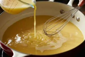 Slowly add chicken broth while whisking