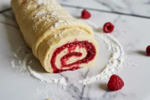 Spread juicy raspberry filling evenly across large thin rectangle dough