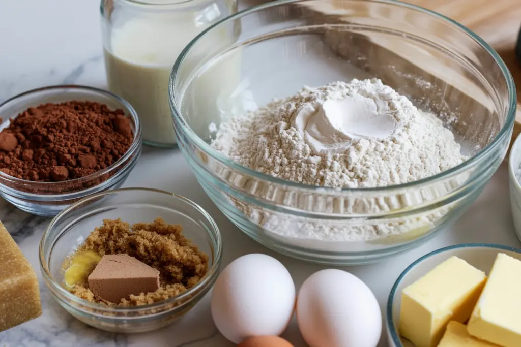 Ingredients for Sourdough Chai Chocolate Loaf Cake including sourdough discard and chai spices