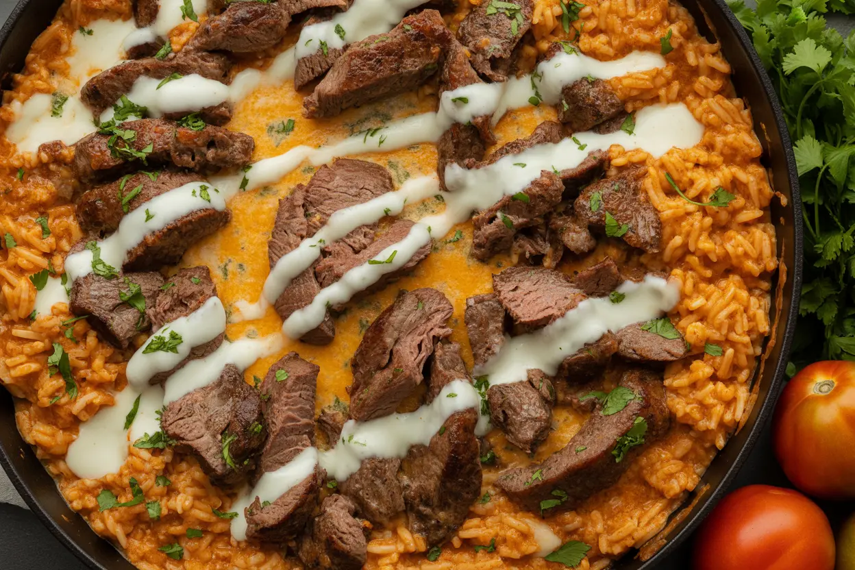 Easy Cheesy Steak and Queso Rice