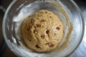round-shaped maple pecan sourdough dough