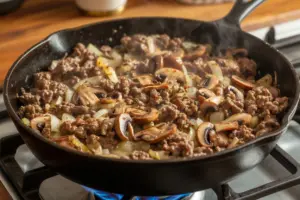 Creamy Mushroom Ground Beef Bake 6 ground beef and tender and most sliced mushrooms mixture