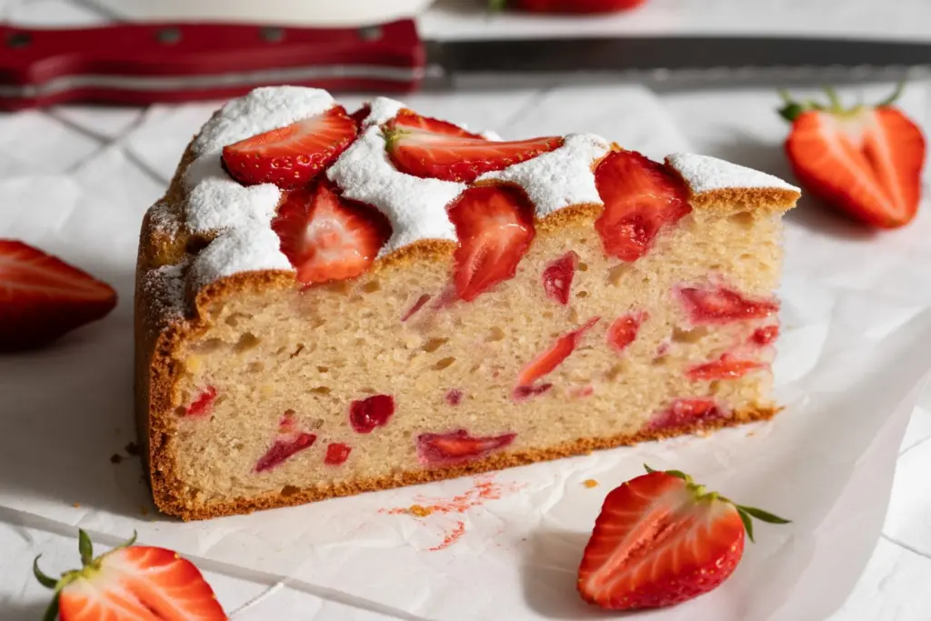 slice of sourdough discard strawberry cake served