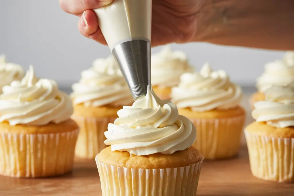 Piping buttercream on sourdough vanilla cupcakes
