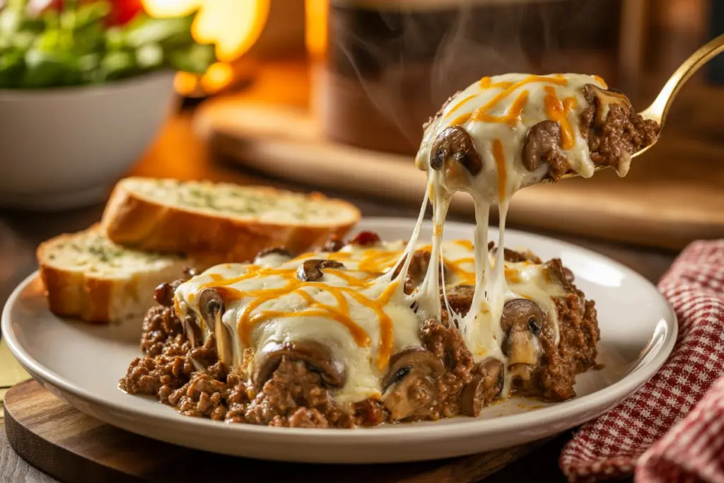Creamy Mushroom Ground Beef Bake 14 Slice of Mushroom Ground Beef Bake served on plate
