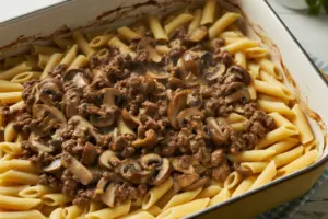 Creamy Mushroom Ground Beef Bake 9 beef and mushroom mixture over the pasta