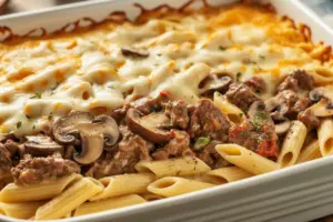 Creamy Mushroom Ground Beef Bake 10 melted and bubbly cheesy Mushroom Ground Beef Bake