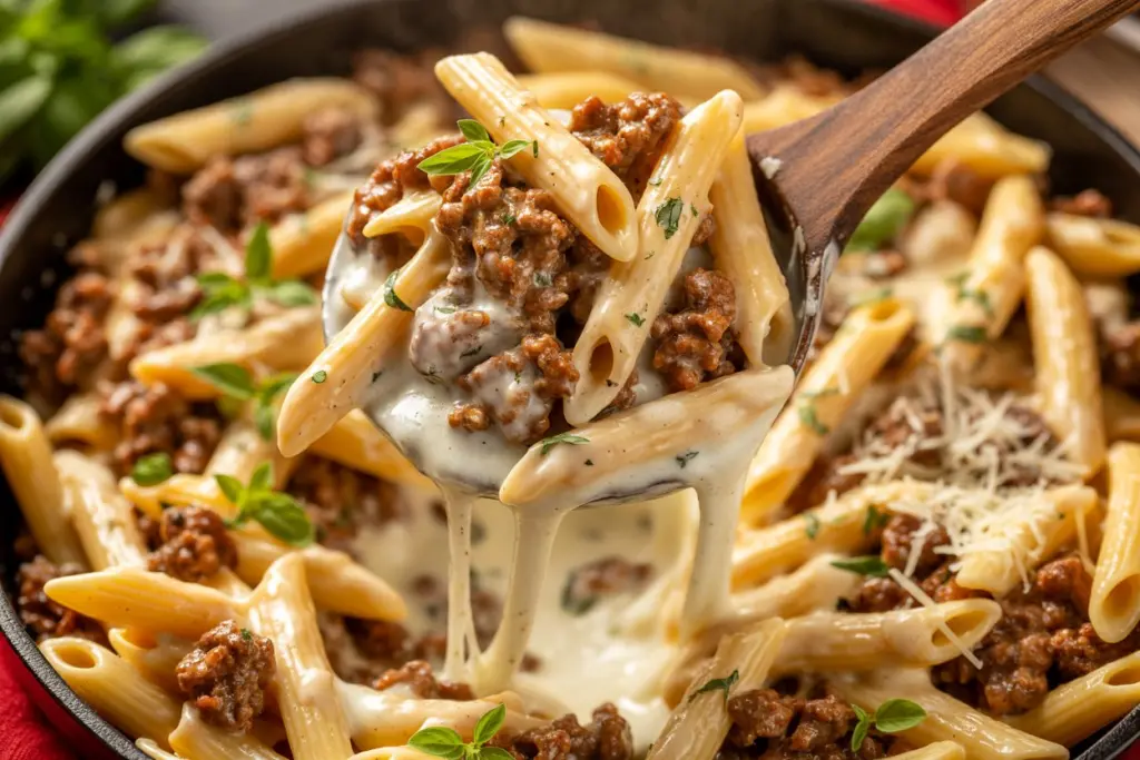 cheesy beef pasta served hot