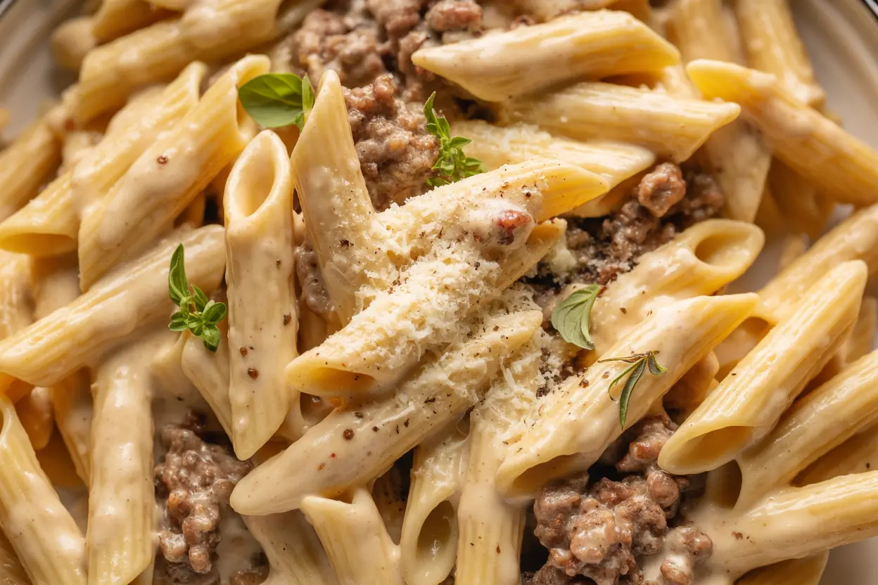 Creamy Cheesy Beef Pasta (High Protein, One-Pot Recipe)