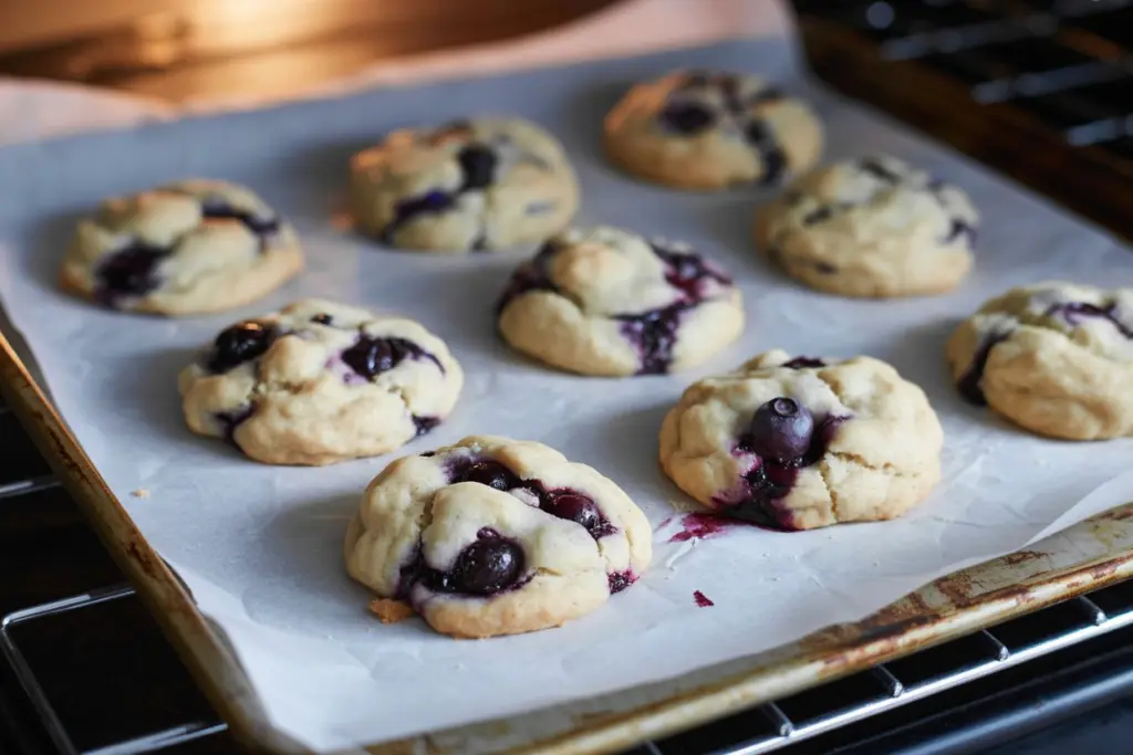 baked blueberry sourdough cookies on baking tray